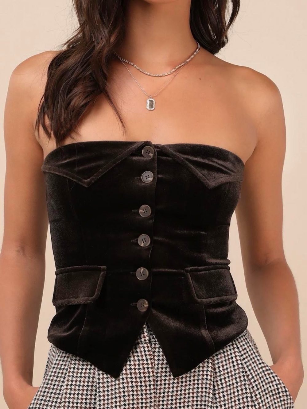 Velvet Strapless Button-Front Corset Top in Dark Brown
